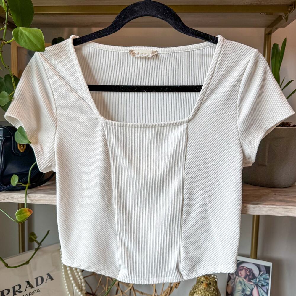 Altar'd State White Ribbed Square Neck Seam Front Crop Top Tee - Size Large
